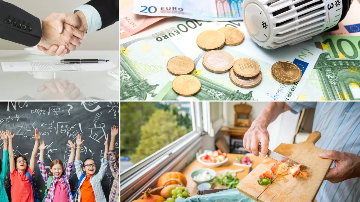 eine Collage aus vier Bilder: ein Handschlag, Geld auf dem ein Heizthermostat liegt, Kinder vor einer Tafel und ein Mann der in der Küche Essenreste in den Abfall wirf
