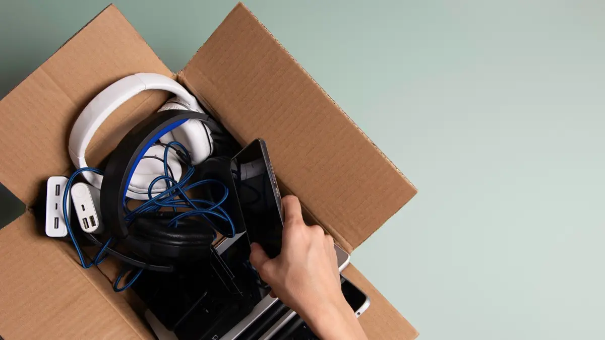 Gebrauchte Elektronikgeräte werden in ein Paket gelegt.