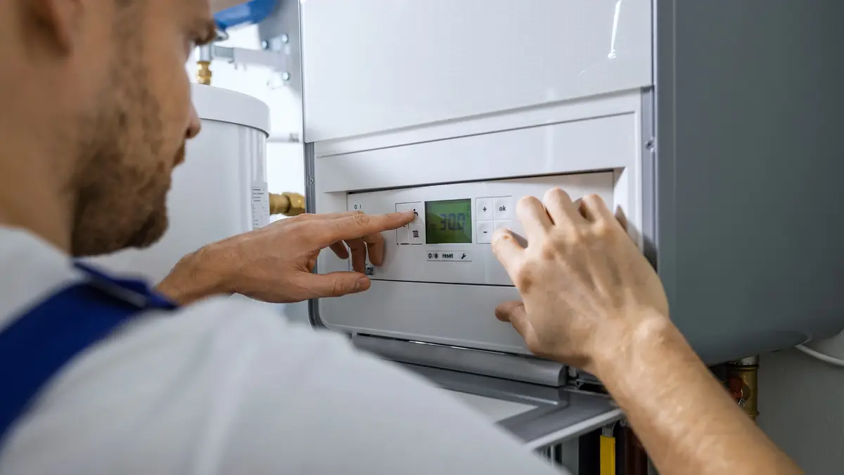 Ein Handwerker installiert einen Gasboiler.