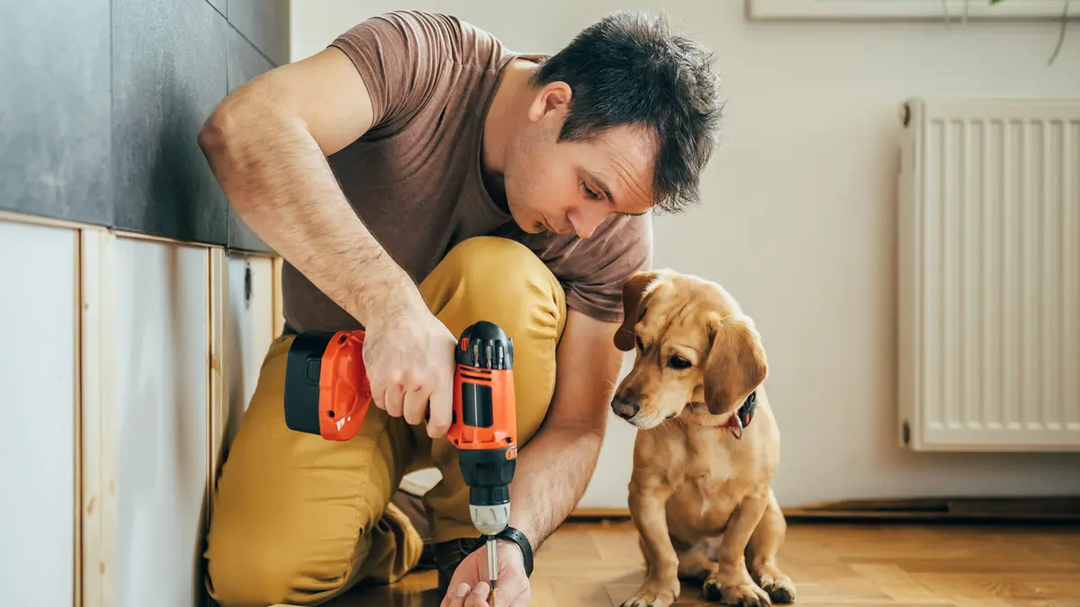 Ein Mann mit einer Bohrmaschine wird von einem Hund beobachtet.