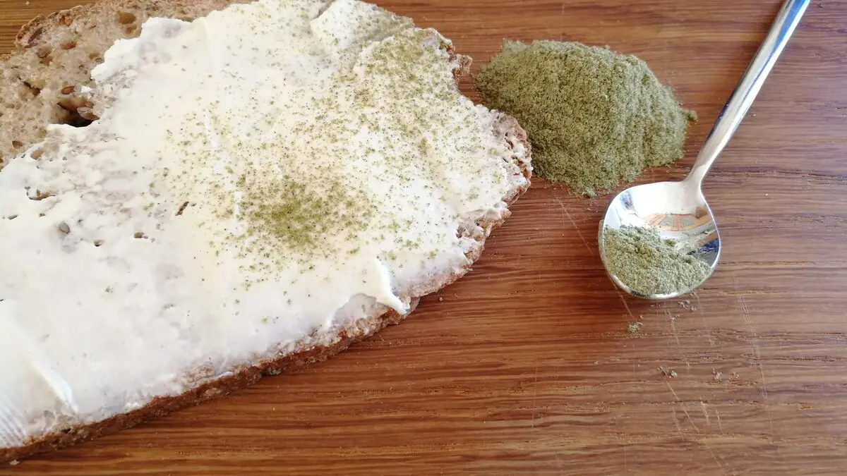 Eine Scheibe Brot, mit Frischkäse und Schabzigerklee als Gewürz darauf liegt auf einem Tisch.