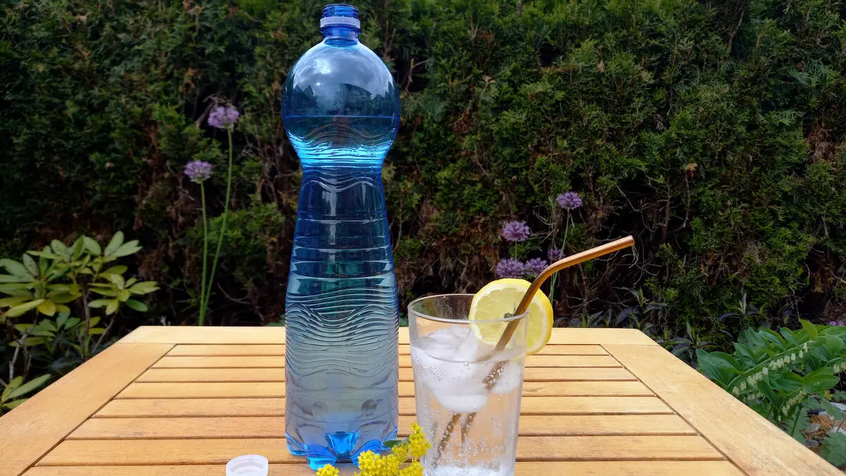 Eine blaue Plastikflasche mit Mineralwasser steht auf einem Holztisch im Garten. Daneben steht ein Glas Wasser mit Zitronenscheibe und Strohhalm.