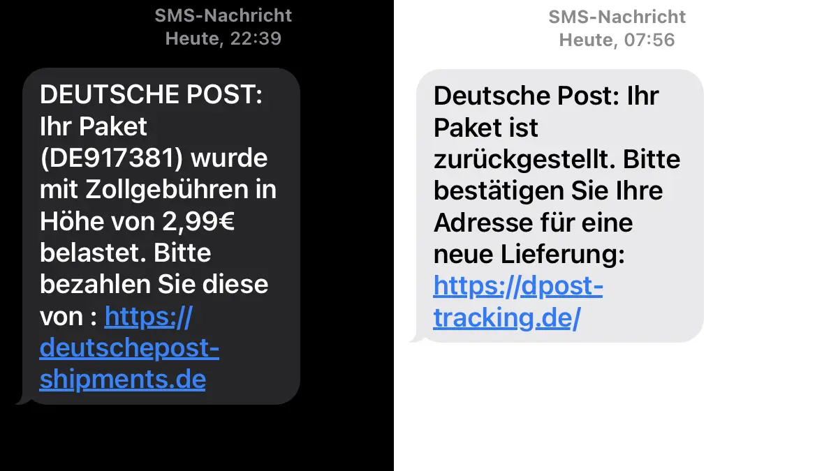 Screenshots von zwei Phishing-SMSen
