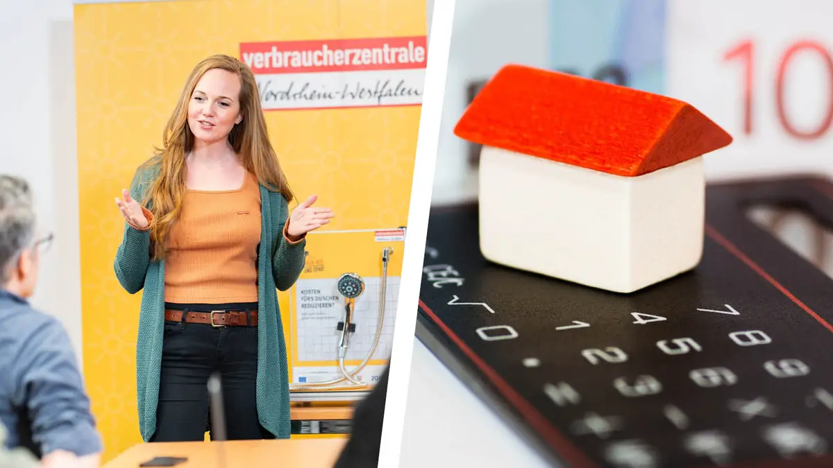 Vortragssituation & Taschenrechner, Modellhaus, Geldscheine
