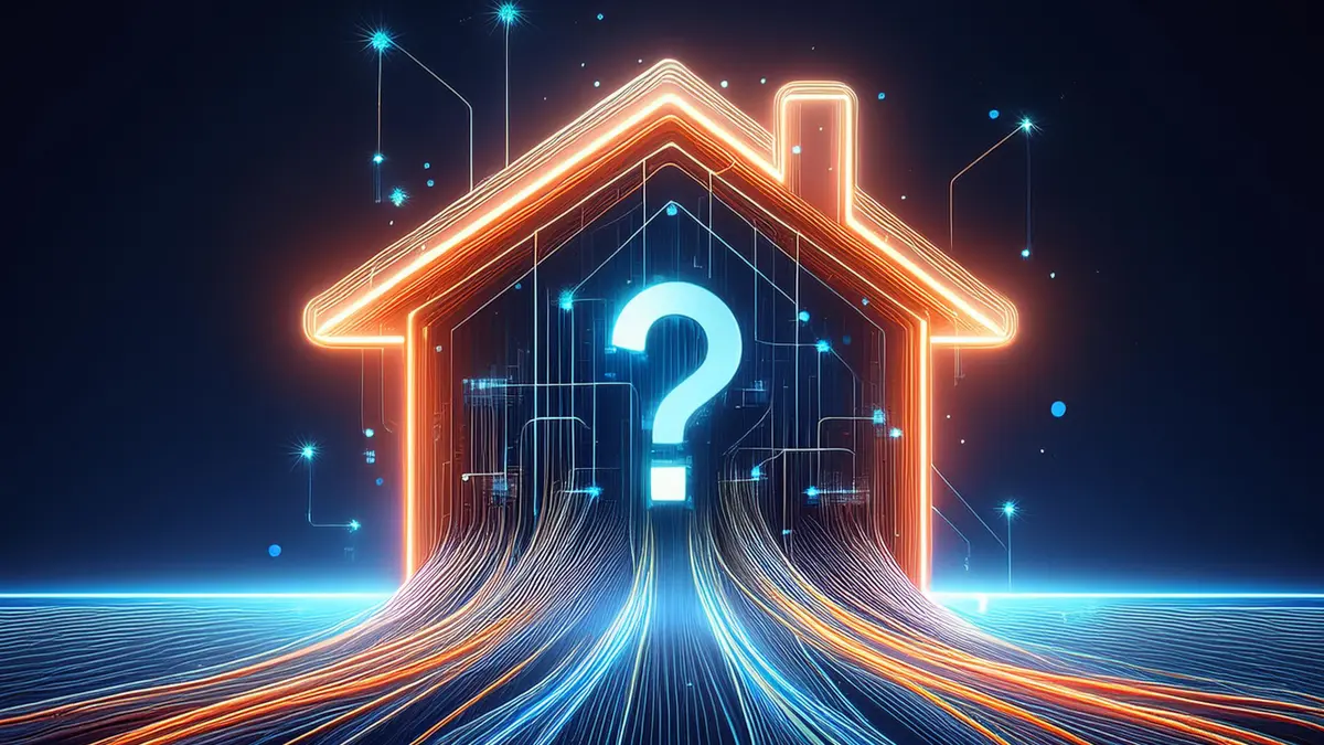 Leuchtende Glasfaserleitungen führen in ein Haus mit Fragezeichen