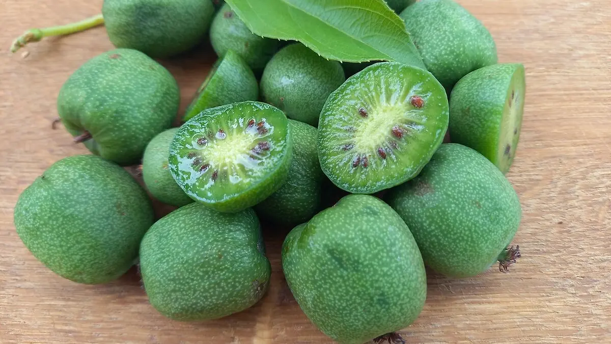 Kiwiebeeren liegen auf einem Holztisch. Eine davon ist halbiert.