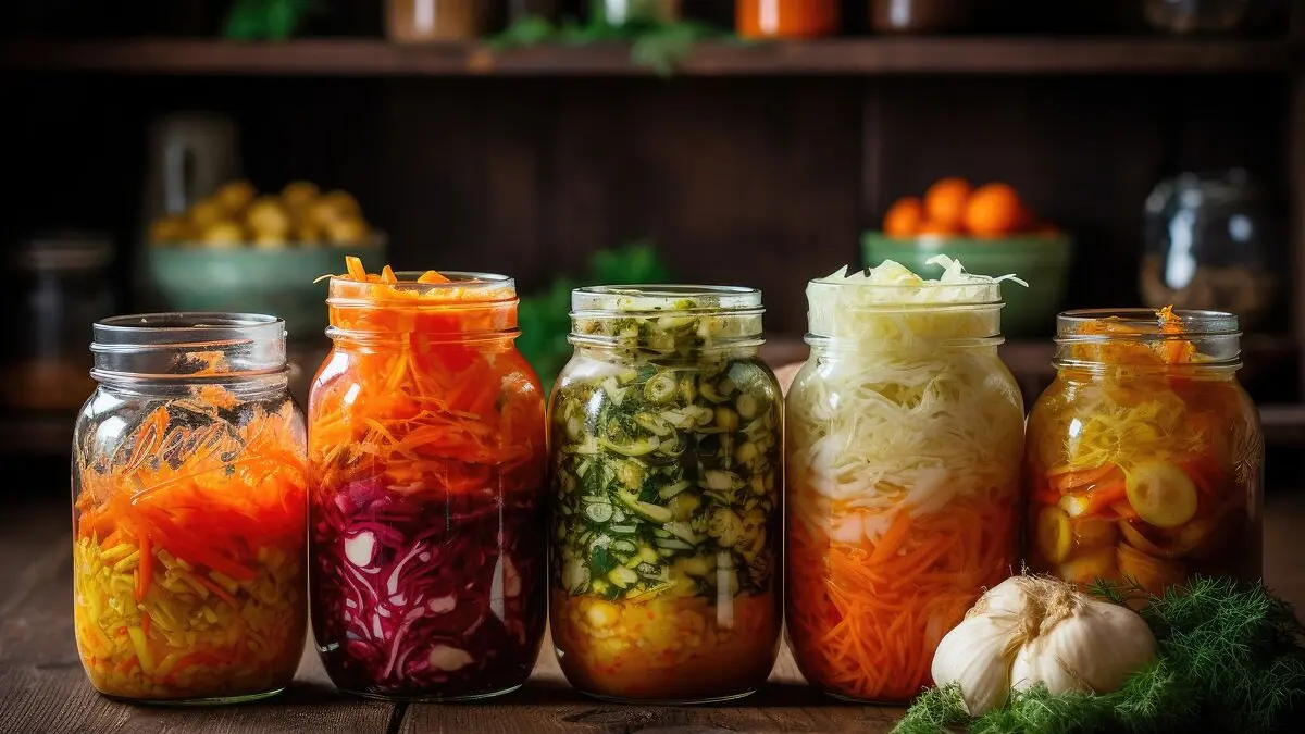 Gläser mit verschiedenem fermentiertem Gemüse stehen auf dem Tisch.