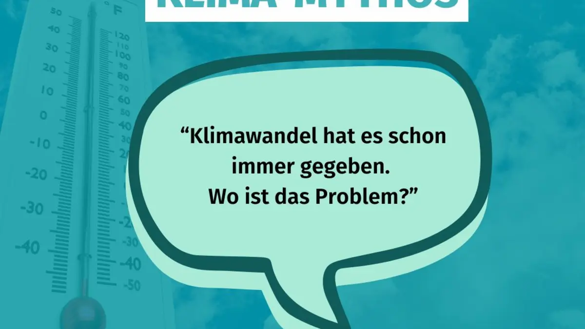 Im Hintergrund ist ein Thermometer zu sehen mit folgendem Klima-Mythos: Klimawandel hat es schon immer gegeben
