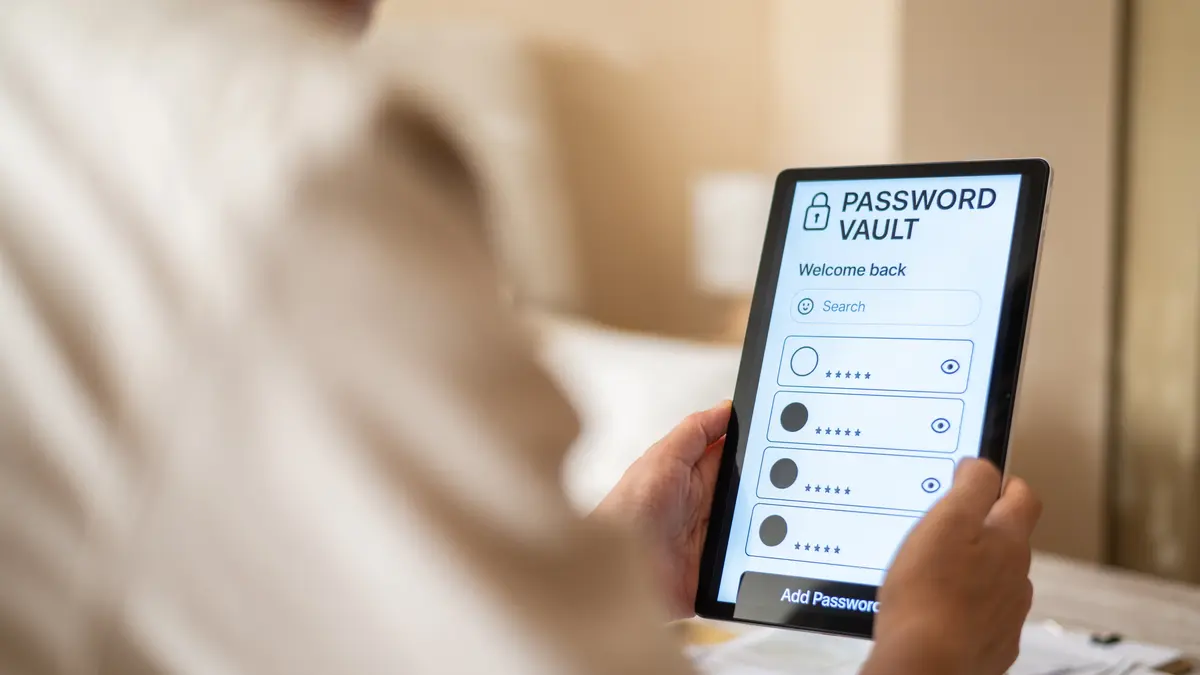 Person, die auf einem Tablet auf einen Passwortmanager zugreift.
