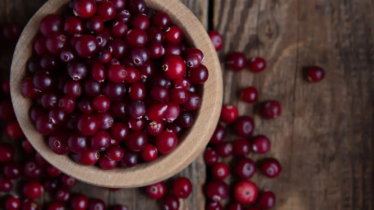 Eine Schüssel mit Preiselbeeren steht auf einem Holztisch.