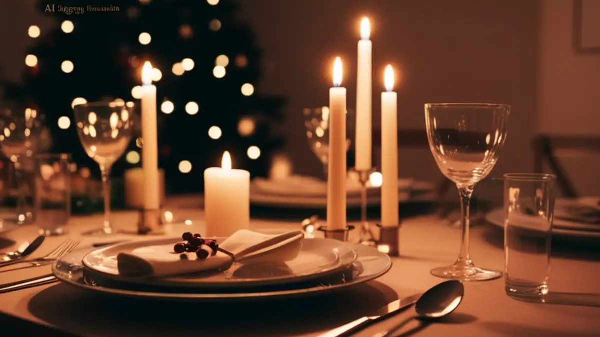 ein mit Geschirr gedeckter Festtagstisch, im Hintergrund steht ein Weihnachtsbaum.
