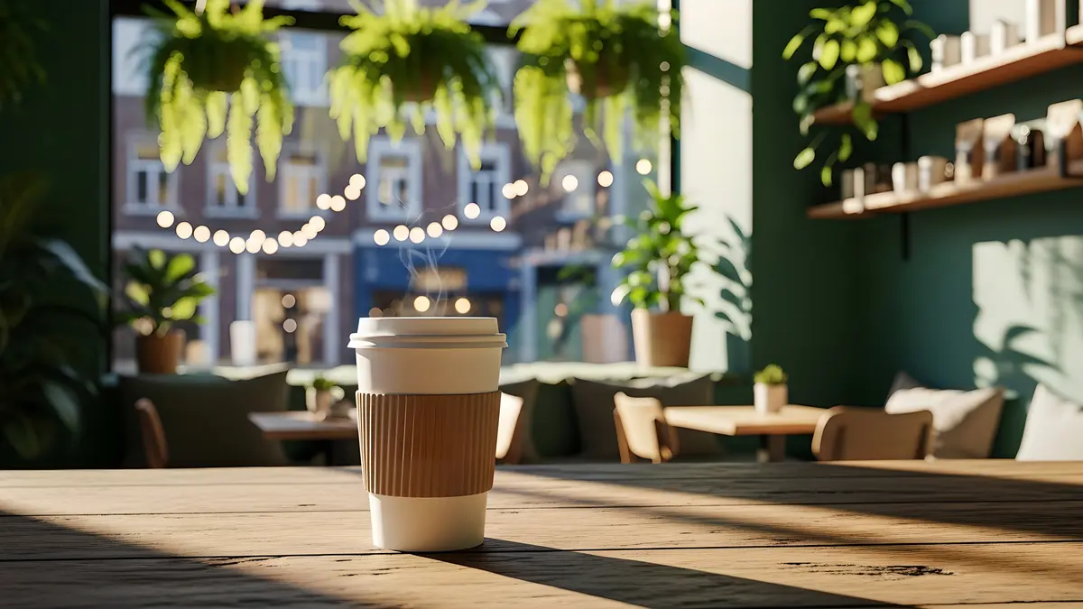 Ein Einwegbecher Kaffee steht auf dem Tisch in einem mit Pflanzen grün gestaltetem Cafe