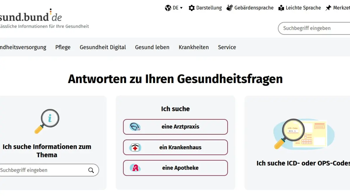 Screenshot der Webseite nationales Gesundheitsportal