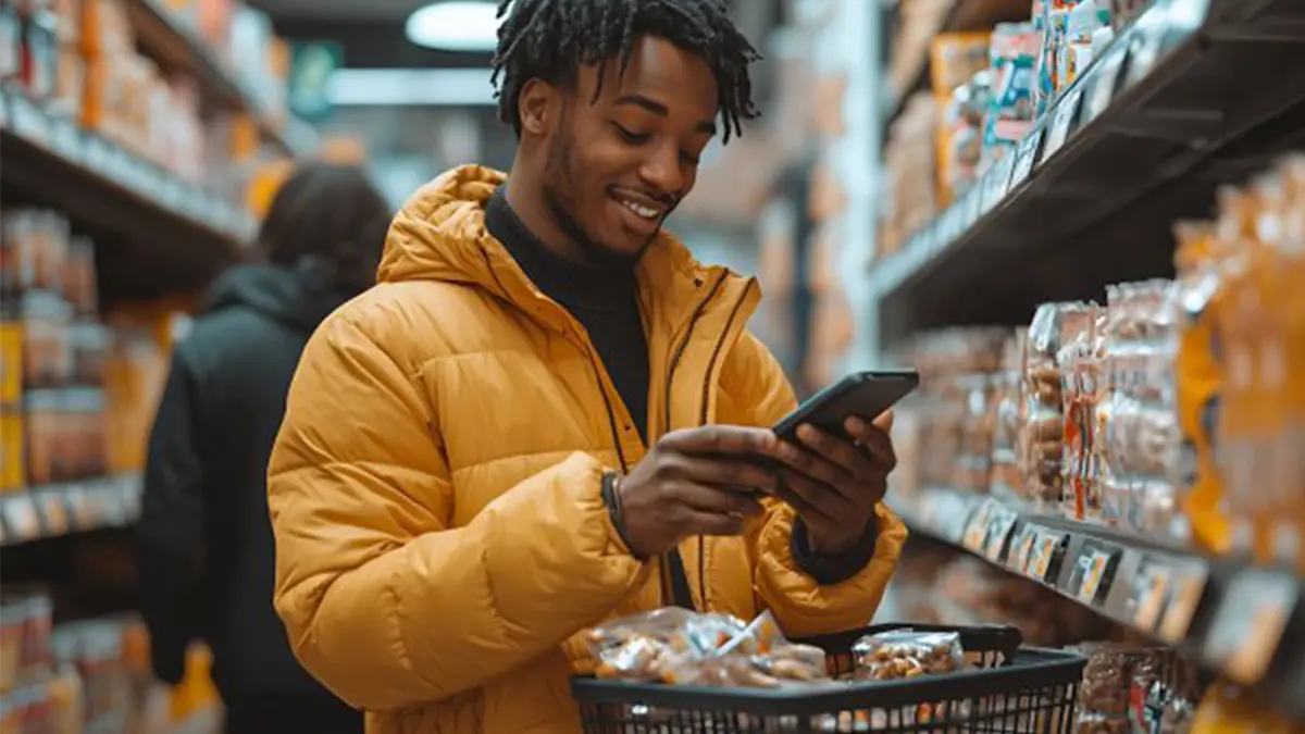 Mann im Supermarkt nutzt sein Smartphone, während er mit einem Einkaufskorb vor einem Regal mit verpackten Lebensmitteln steht.