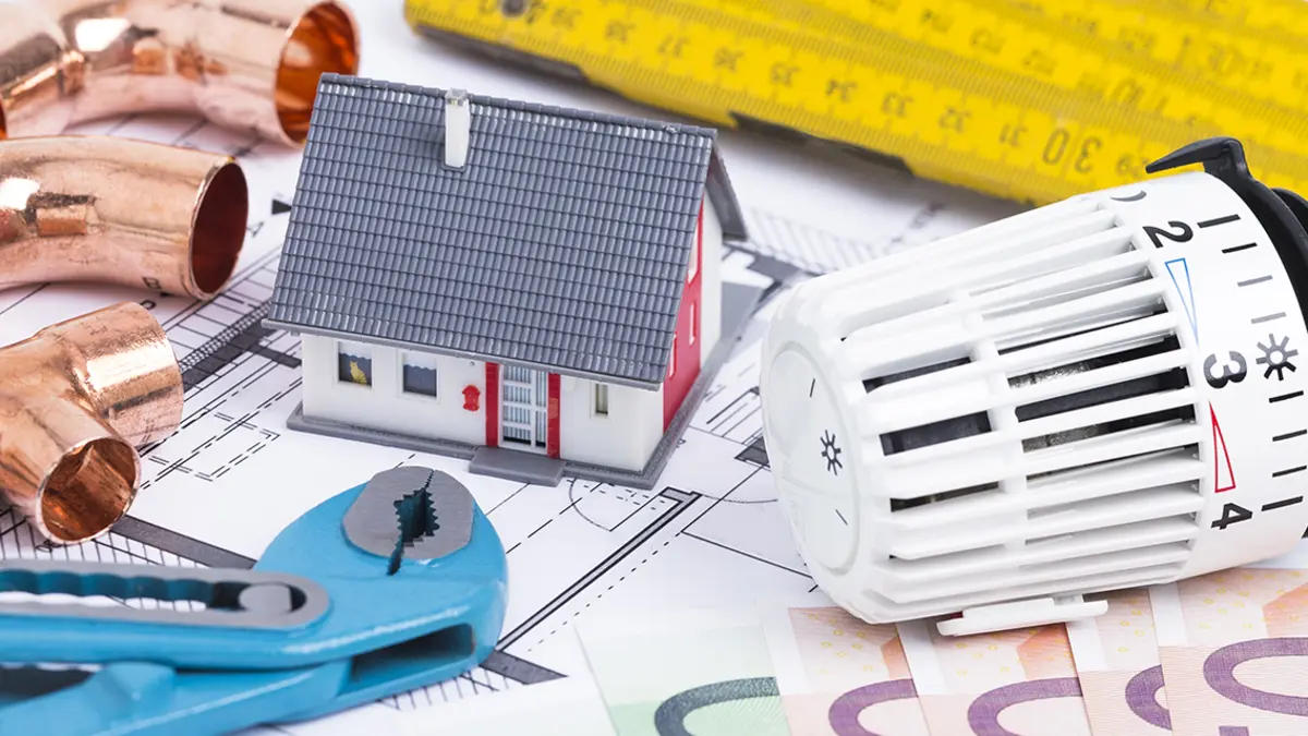 Modellhaus, Thermostat, Heizungsrohre, Geld, Hausgrundriss, Zollstock