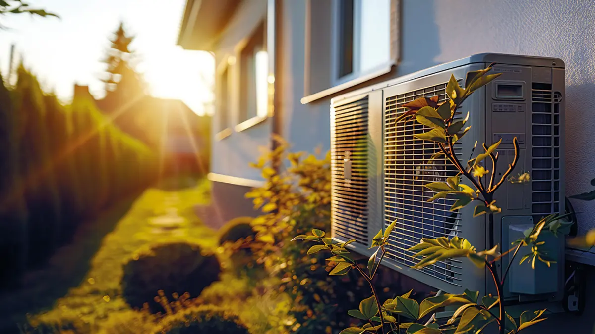 Wärmepumpe an einer Hauswand, im Hintergrund geht die Sonne gerade auf im angrenzenden Garten, vor der Wärmepumpe sieht man einen kleinen Ast von einem Busch