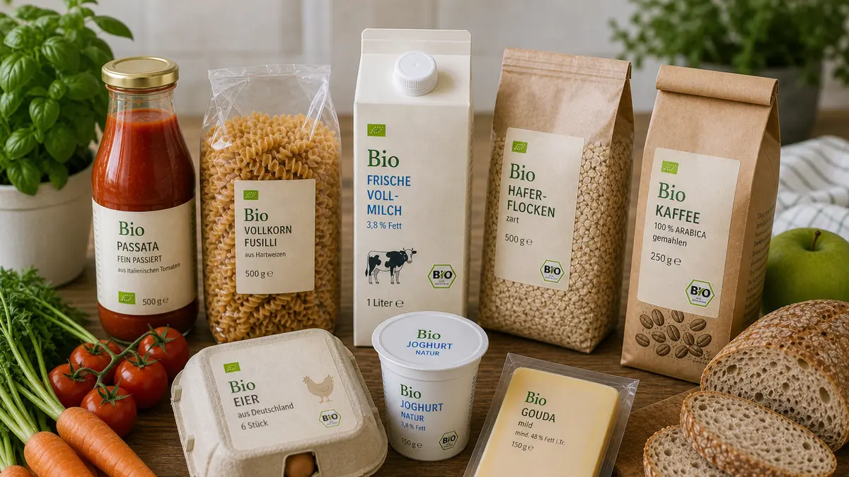 Verschiedene Bio-Lebensmittel wie Milch, Nudeln, Haferflocken, Eier, Joghurt und Käse liegen auf einem Tisch.