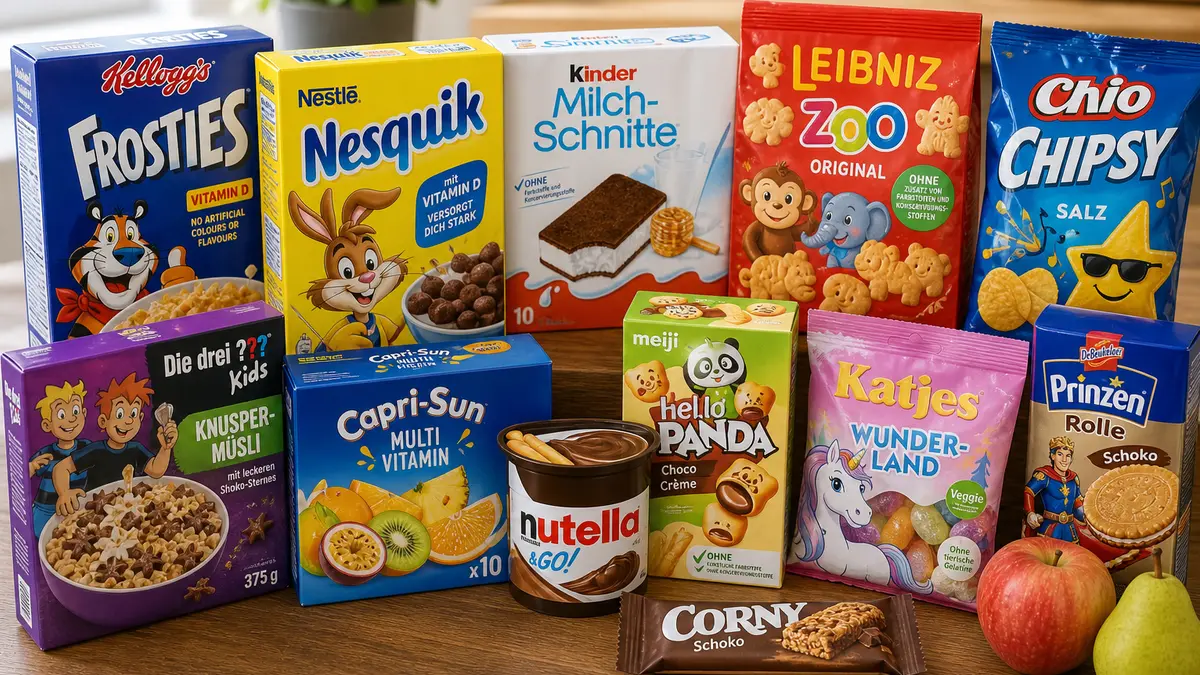 Verschiedene bunt verpackte Lebensmittel für Kinder stehen auf einem Tisch, darunter Frühstückscerealien, Kekse, Süßigkeiten, Snacks und Getränke; die Verpackungen sind farbenfroh gestaltet und zeigen Comicfiguren und verspielte Motive.