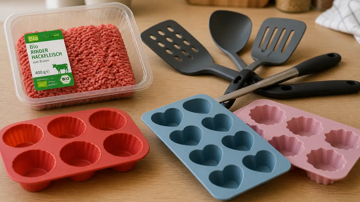Hackfleisch in Plastikverpackung neben Pfannenwendern und bunten Silikonformen auf einer Küchenfläche.