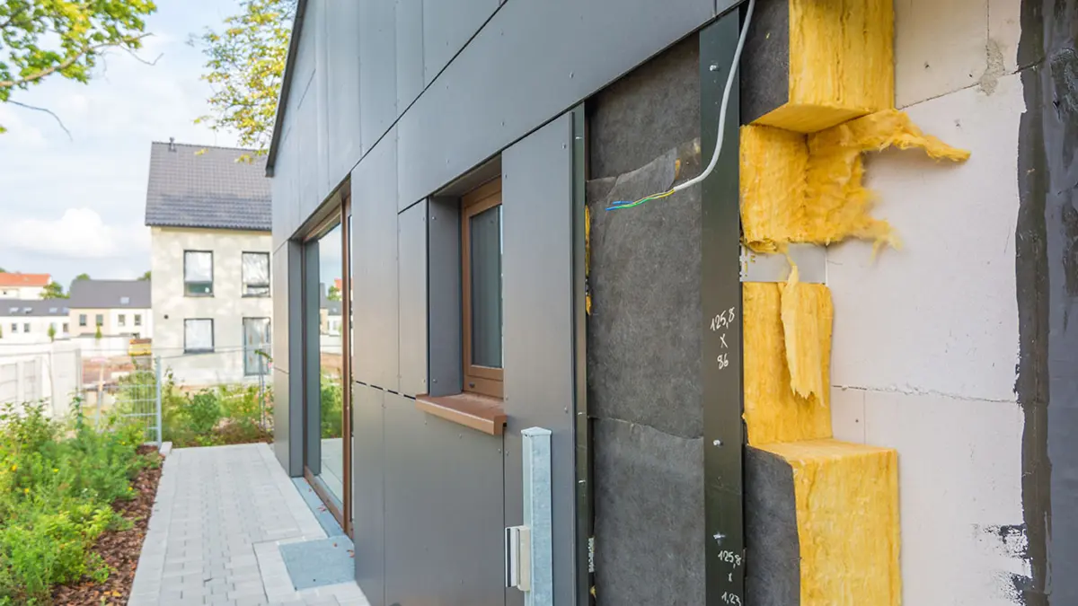 Blick auf eine geöffnete Hausfassade mit Dämmmaterial