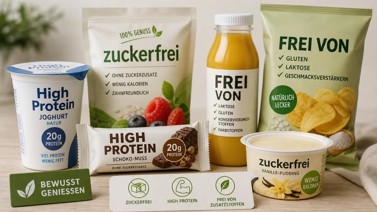 Verschiedene verpackte Lebensmittel mit Aufschriften wie „zuckerfrei“, „Frei von“ und „High Protein“, dekorativ auf einem Tisch angeordnet.