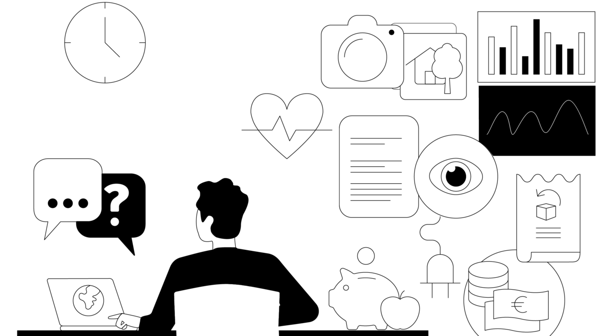 Schwarz-Weiß-Illustration einer Person von hinten, die am Schreibtisch vor einem Laptop sitzt. Um sie herum schweben verschiedene Icons zu Verbraucherthemen wie Finanzen, Gesundheit, Verträge und Beratung.