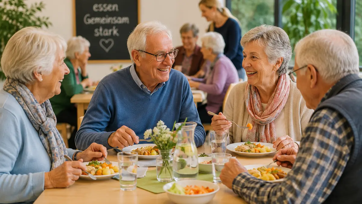 Ältere Menschen sitzen beisammen am Mittagstisch