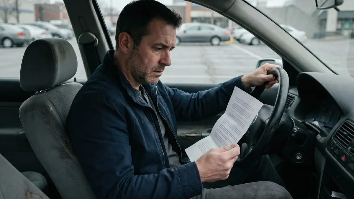 Mann sitzt im Auto und liest einen Brief.