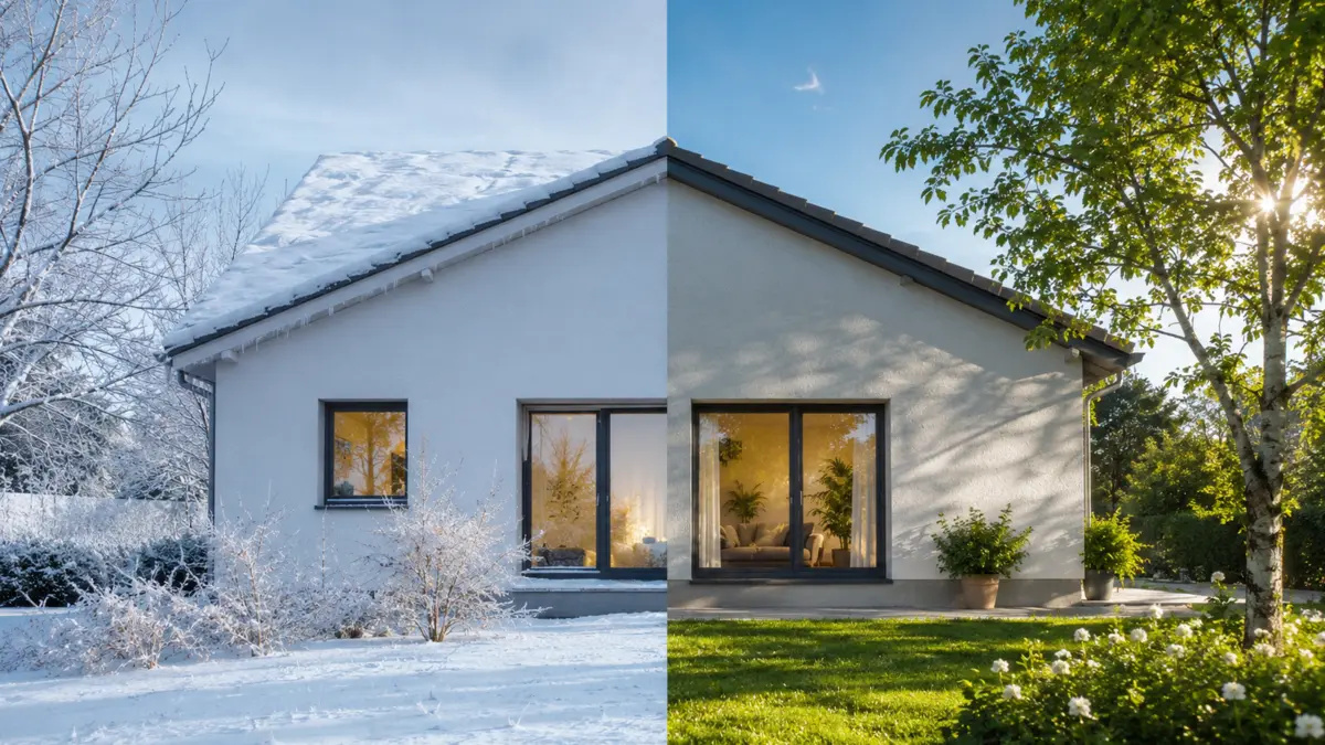 halbes Haus im Winter und halbes Haus im Sommer