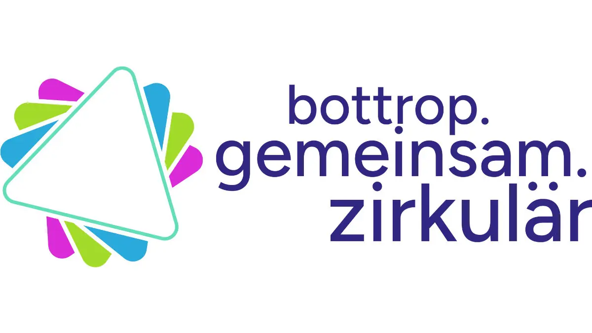Stilisierte Dreiecke in verschiedenen Farben, die gedreht aufeinander liegen sowie Text: bottrop.gemeinsam.zirkulär