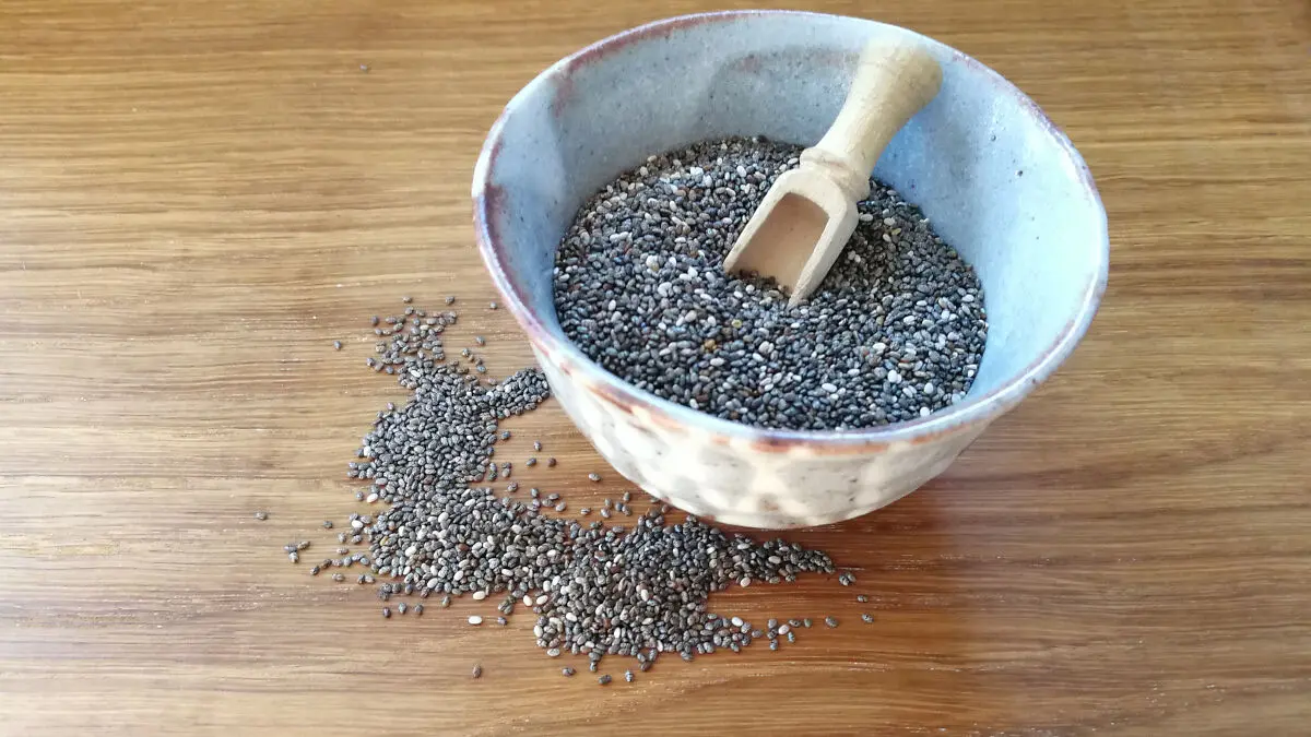 Eine kleine Schüssel mit Chiasamen steht auf einem Holztisch. In der Schüssel steckt ein kleiner Holzlöffel im Chiasamen.