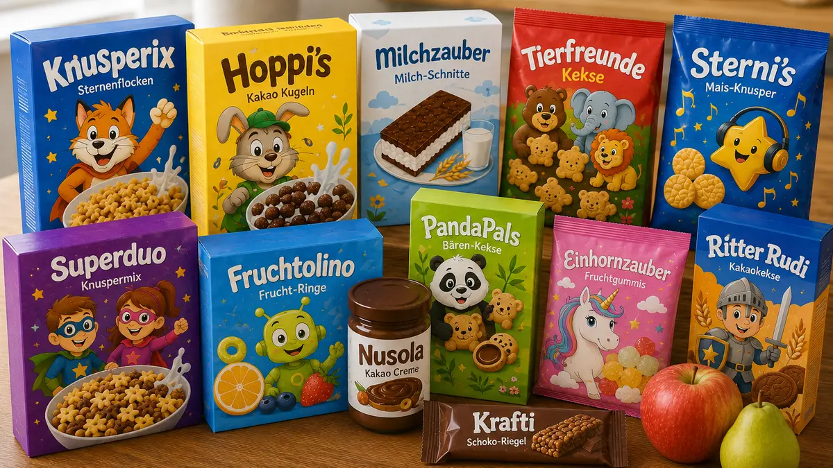 Bunte Kinderlebensmittel mit fantasievollen Figuren und Obst auf einem Holztisch.