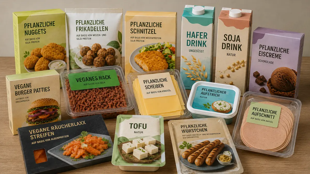 Verpackte vegane Ersatzprodukte auf einem Holztisch.