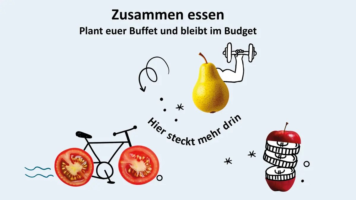 Birne, Tomatenscheiben und Apfel mit gezeichneten Gegenständen