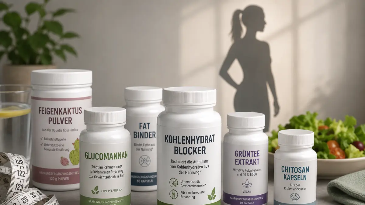 Schlanke Silhouette im Hintergrund, davor Packungen mit Pillen, die Schlankheitsmittel darstellen.