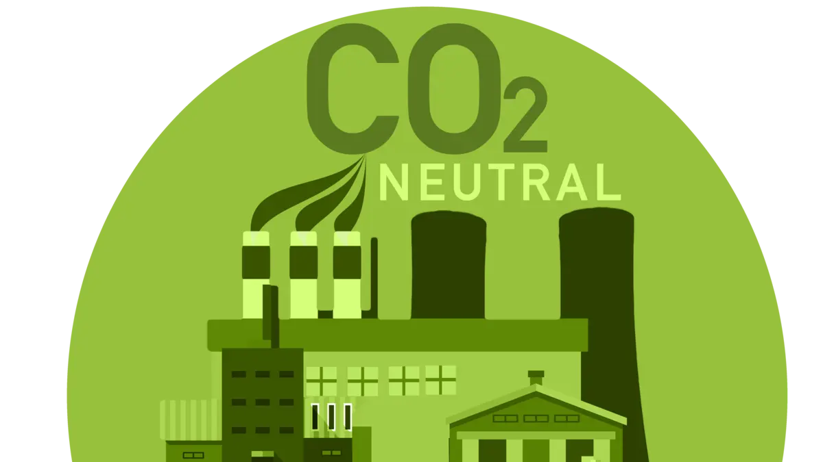 grüner Halbkreis mit einem Fabrikgebäude über dem CO2 neutral steht