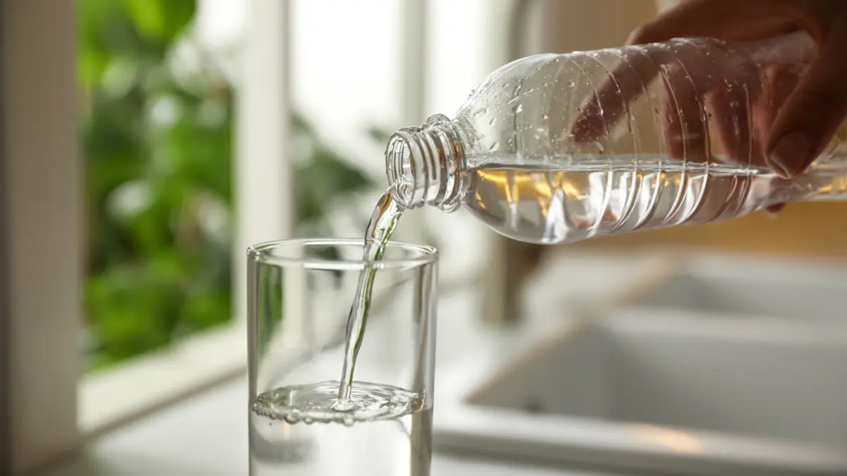 Nahaufnahme Person schenkt Wasser in Glas auf Arbeitsfläche in Küche