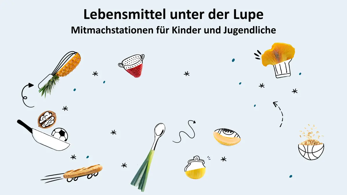 Verschiedene grafische Elemente aus dem Küchenbereich, dazu der Text "Lebensmittel unter der Lupe - Mitmachstationen für Kinder und Jugendliche"