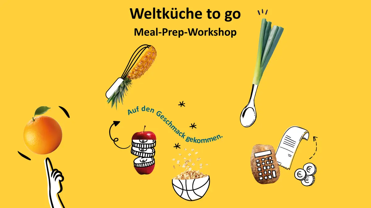 Grafiken mit Motiven aus dem Küchenbereich, dazu der Text "Weltküche to go - Meal-Prep-Workshop"