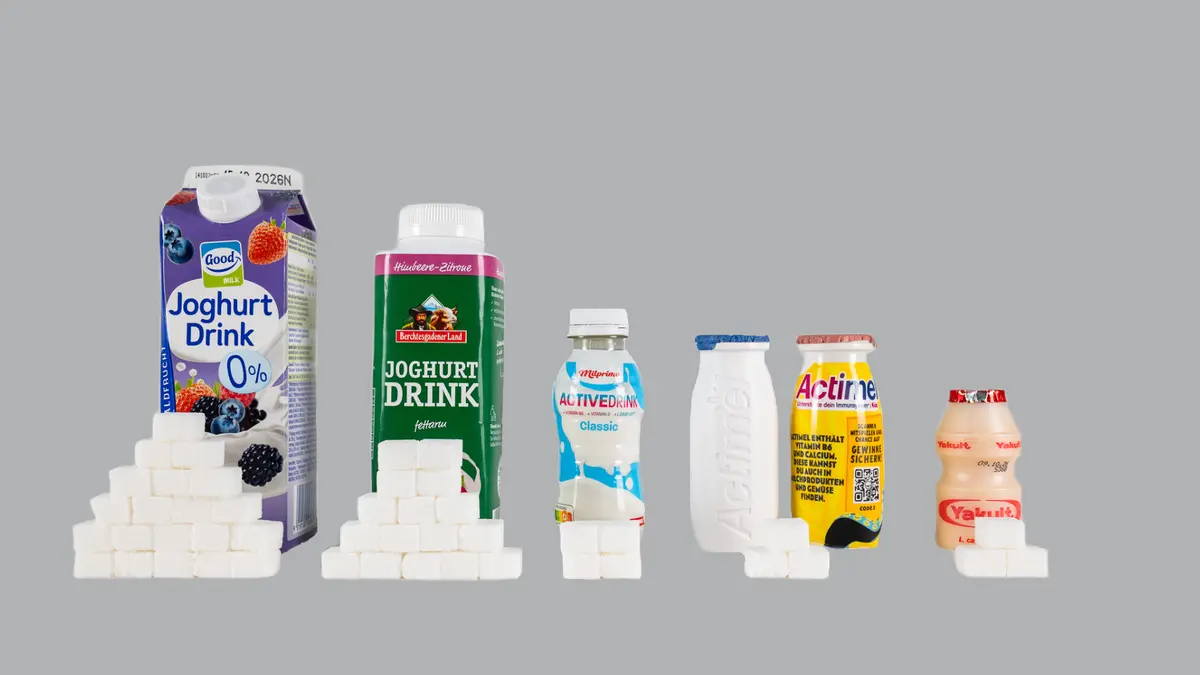 Übersicht verschiedene Joghurt-Drinks im Zucker-Vergleich