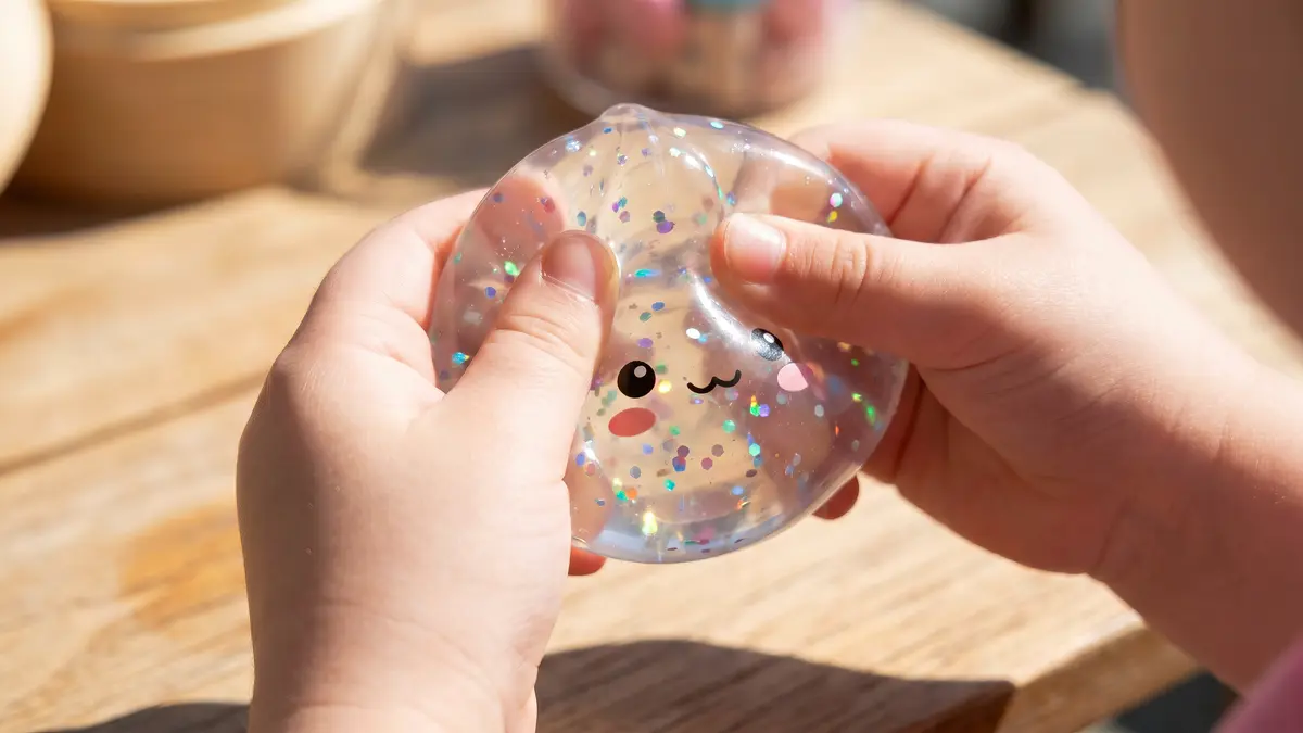 Kinderhände drücken ein Quetschspielzeug, genannt Squishy, das eine klare Flüssigkeit mit Glitzer enthält.