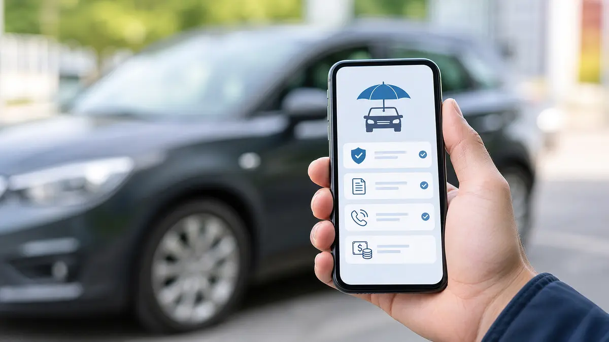 Nah Smartphone mit Kfz-Versicherungstarif, im Hintergrund unscharfes Auto