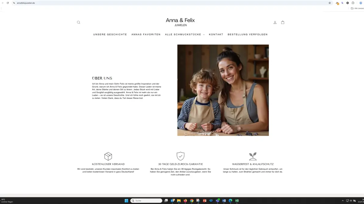 Screenshot KI generierter Fakeshop Anna Felixjuwelen