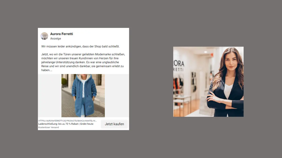 Screenshots KI generierter Fakeshop Aurora Ferretti auf Facebook