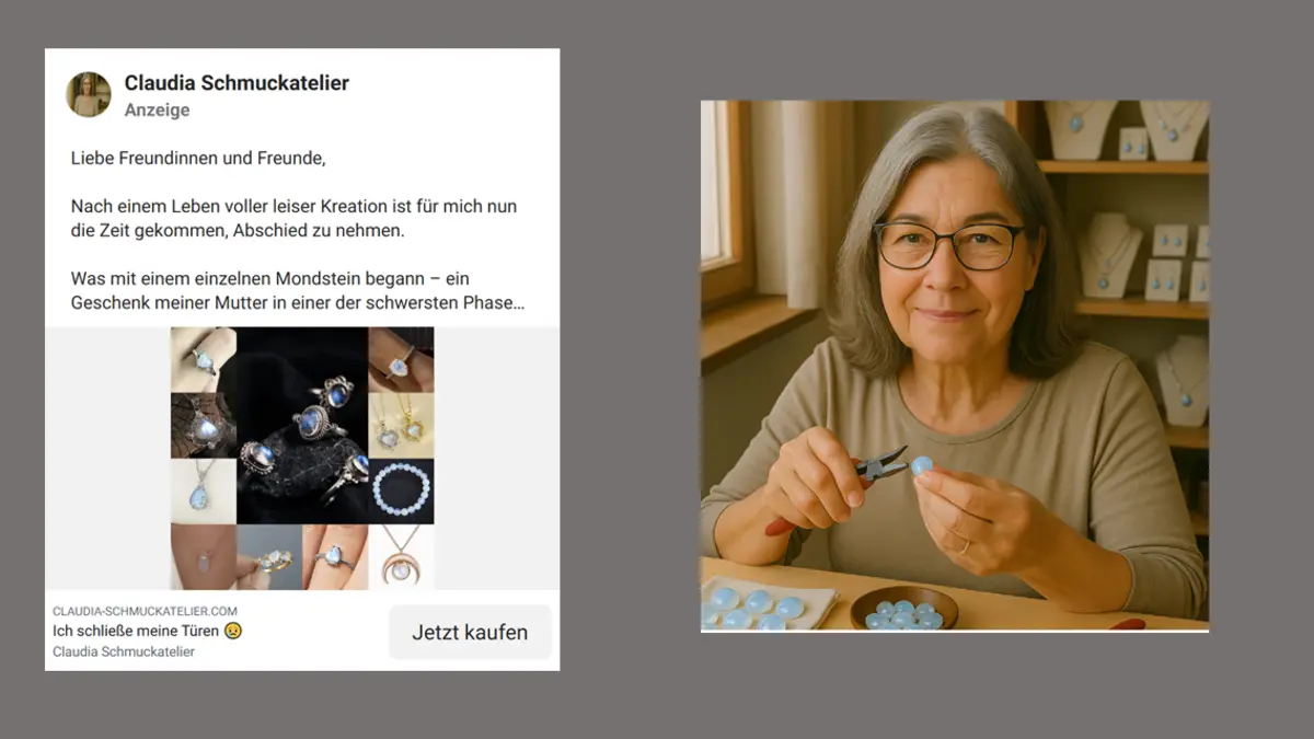 Screenshot KI generierter Fakeshop Claudias Schmuckatelier von Facebook