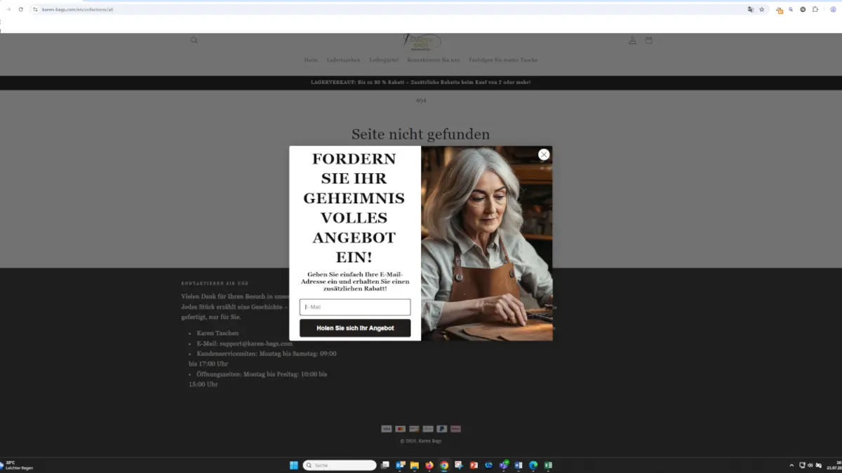 Screenshot KI generierter Fakeshop Karen Bags