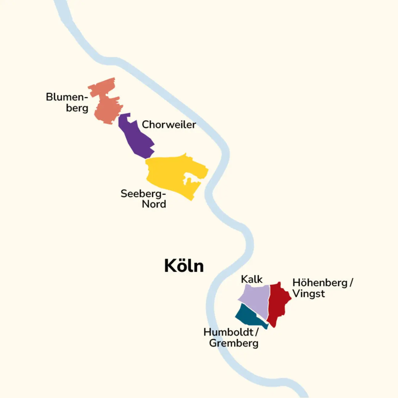 Karte mit den zur Quartiersberatung zählenden Stadtteilen Kölns: Blumenberg, Chorweiler, Seeberg-Nord, Kalk, Hohenberg/Vingst und Humboldt/Gremberg.