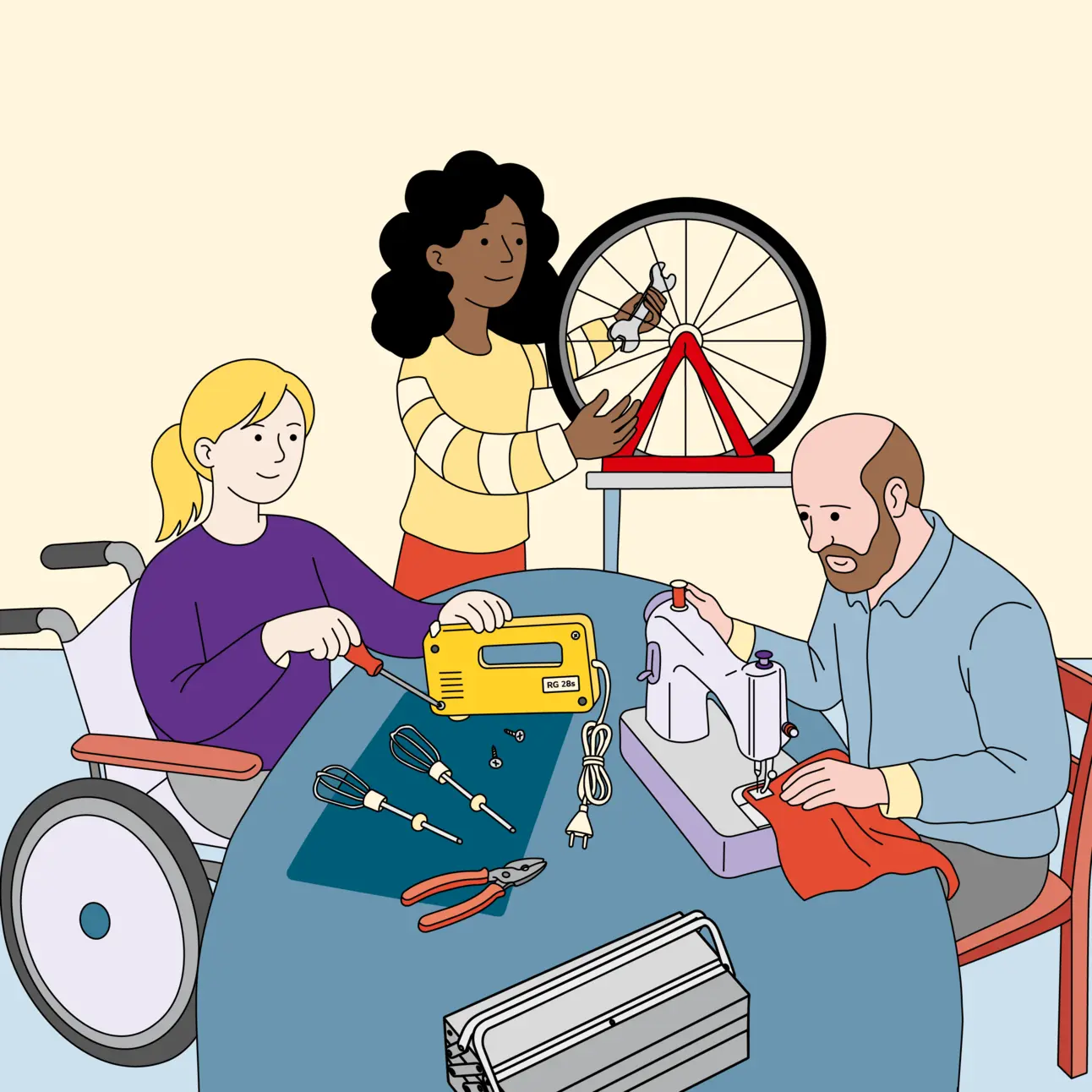 Eine gezeichnete Illustration: fünf Personen befinden sich in einem Repair-Café. Sie reparieren Geräte oder stehen an einer Kuchentheke und unterhalten sich. 