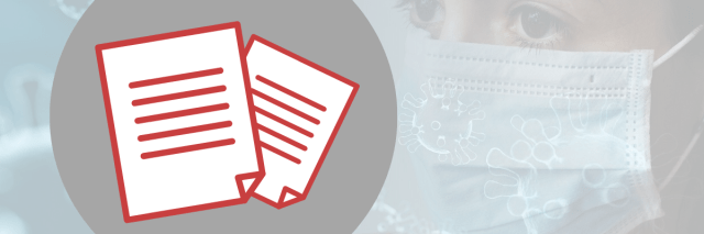 Zwei Musterbrief-Symbole neben einer Frau mit Schutzmaske