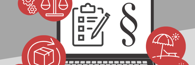 Ein Computer mit Symbolen für automatisierte Rechtsdienstleistungen.